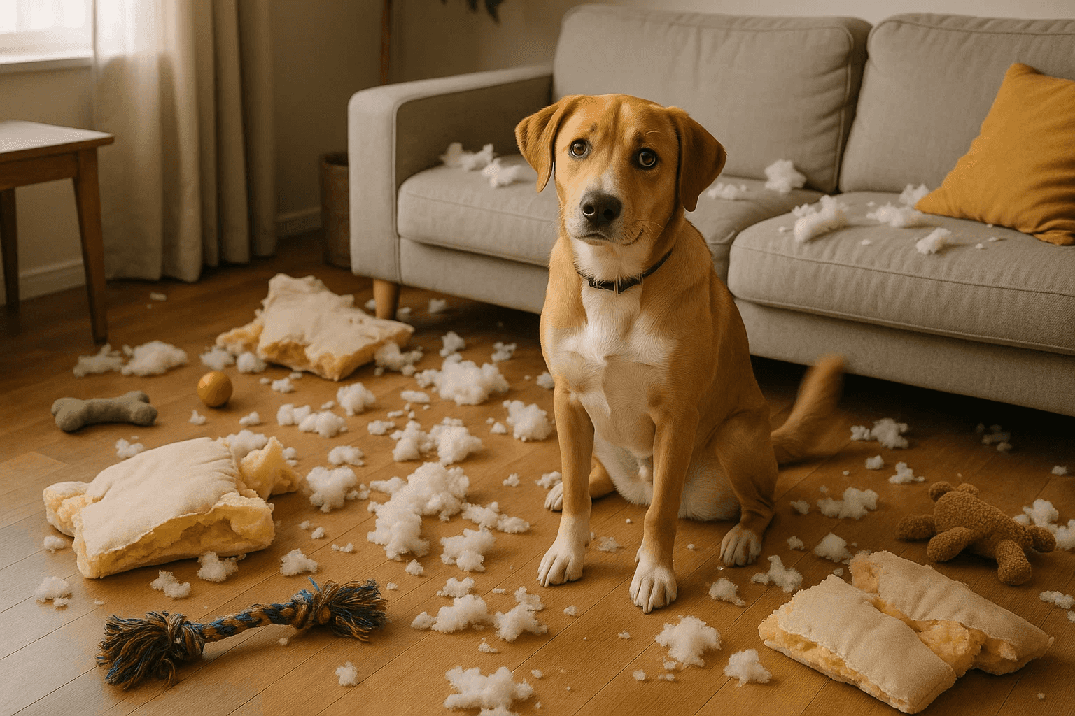 가구와 인형 등을 파괴한 후, 집에 돌아온 보호자를 반기는 강아지